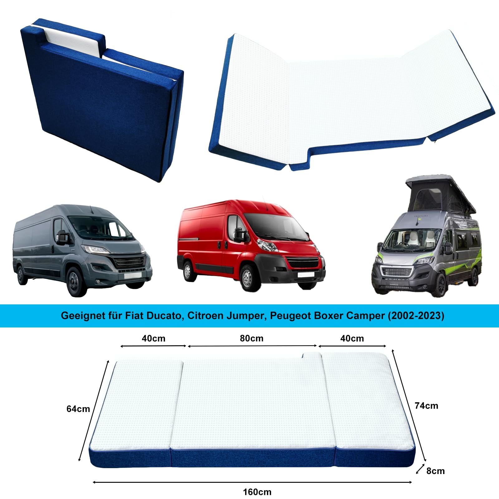 Matelas de véhicule Pliable épais et Respirant Compatible avec Fiat Ducato Citroën Jumper Peugeot Boxer Type 250 Camper(2002 – 2026) Matelas Pliant Portable Accessoires de Camping-Car