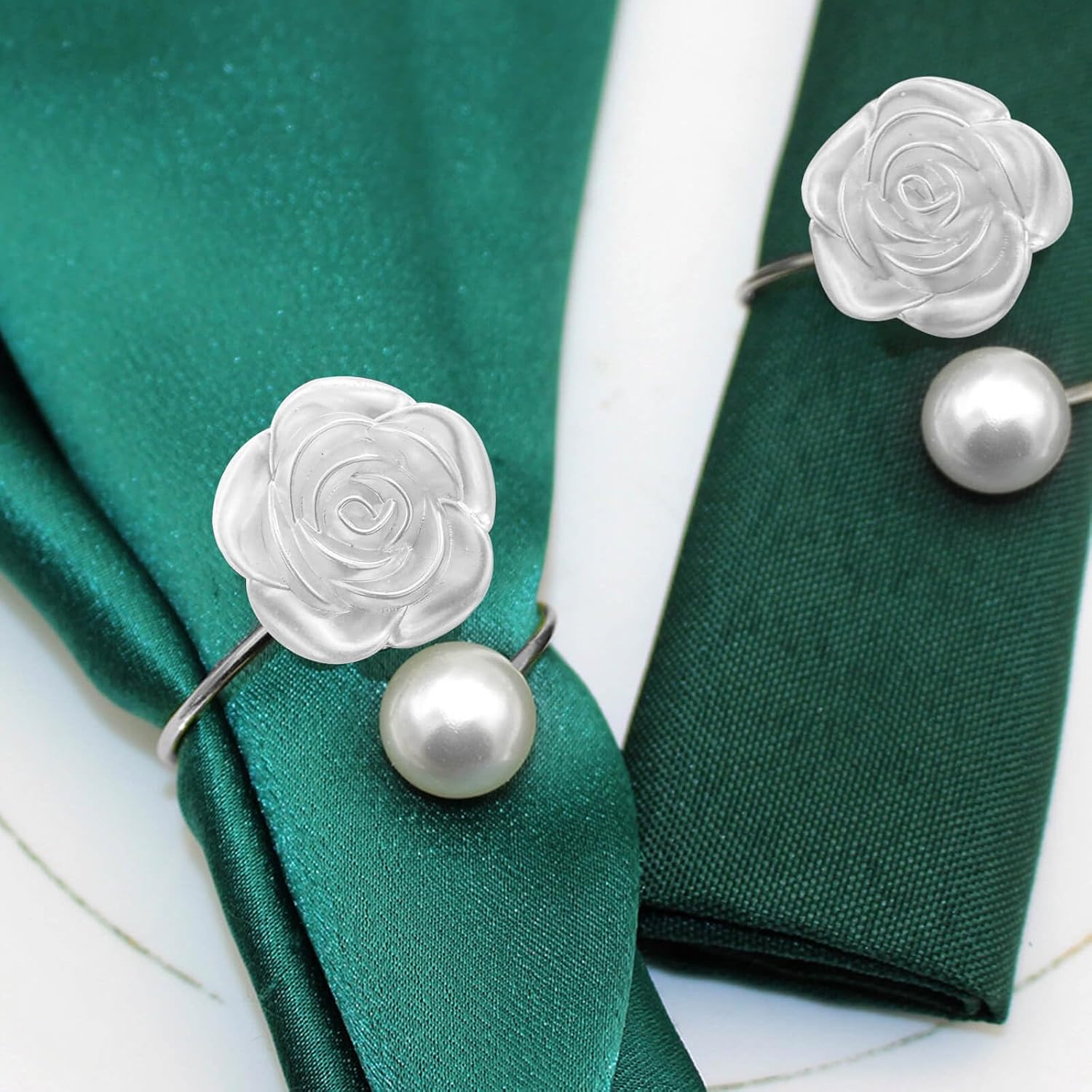 Napkin Rings,Silver Pearl Rose Napkin Holder Rings,Imitation Beaded White Napkin Rings for Formal Wedding Home Dinner Party Supplies-10Pcs