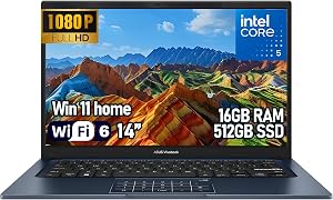 ASUS Vivobook 14 Business Laptop, 14 Inch FHD IPS Anti-Glare Display, Intel Core 5 120U, 16GB RAM, 512GB SSD, Windows 11 Home, Wi-Fi 6, English Keyboard, Quiet Blue Notebook for Office Work