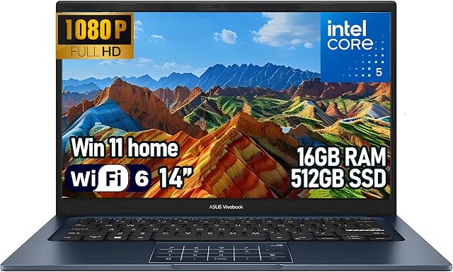 ASUS Vivobook 14 Business Laptop, 14 Inch FHD IPS Anti-Glare Display, Intel Core 5 120U, 16GB RAM, 512GB SSD, Windows 11 Home, Wi-Fi 6, English Keyboard, Quiet Blue Notebook for Office Work