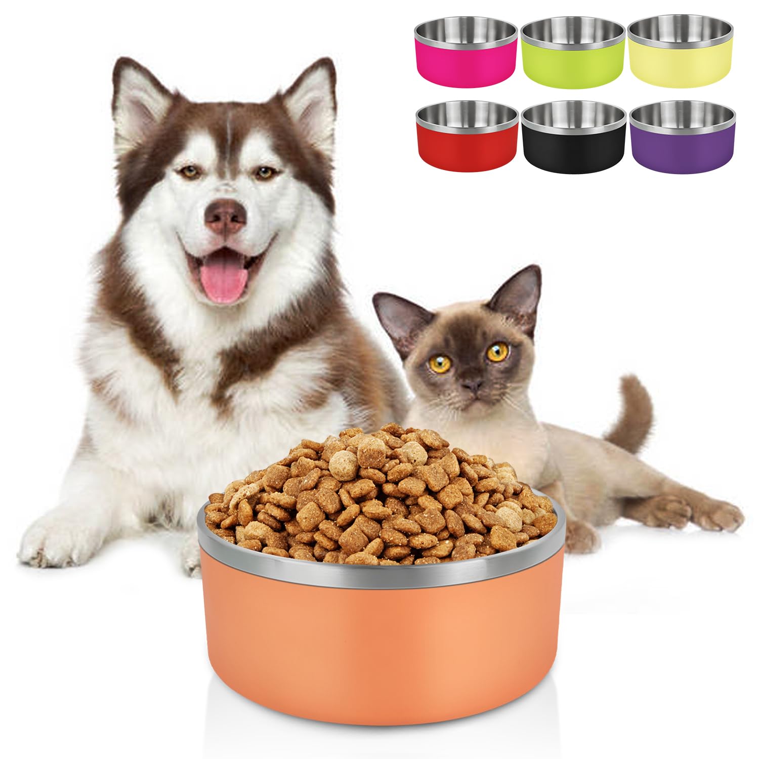 lihong dog bowls,stainless steel dog bowls no slip,dog food or water bowls for small meidum large sized dogs,dishwasher safe(64oz,large,orange)