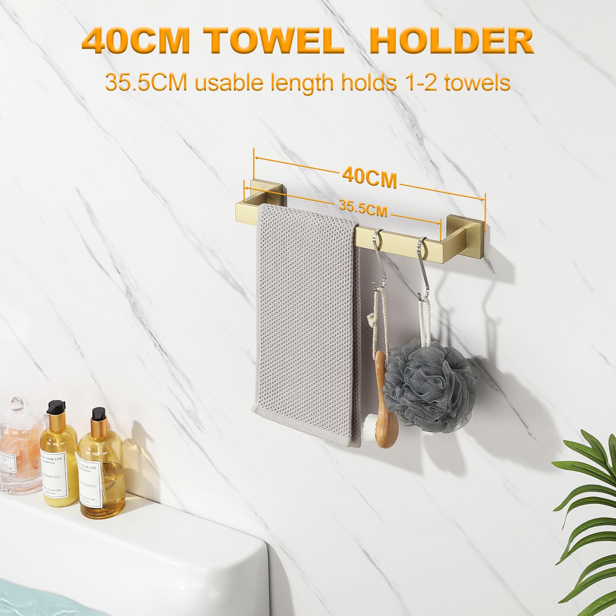 Sayayo Gold Towel Rail Wall Mounted Bathroom Towel Holder 40CM Towel Bar, SUS304 Stainless Steel Waterproof & Anti-Rust - Image 3