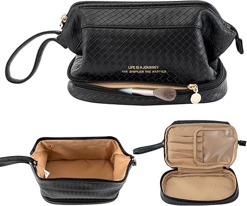 Miniatura 1 de Abiudeng Bolsa de maquillaje grande, bolsa de cosméticos de doble capa, bolsa de maquillaje de viaje, bolsa de maquillaje de cuero, bolsas de viaje