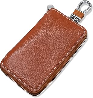 PORRASSO Key Case Genuine Leather Car Key Bag Key Pouch Men Portable Card Holder Keychain Wallet with 6 Hook Brown