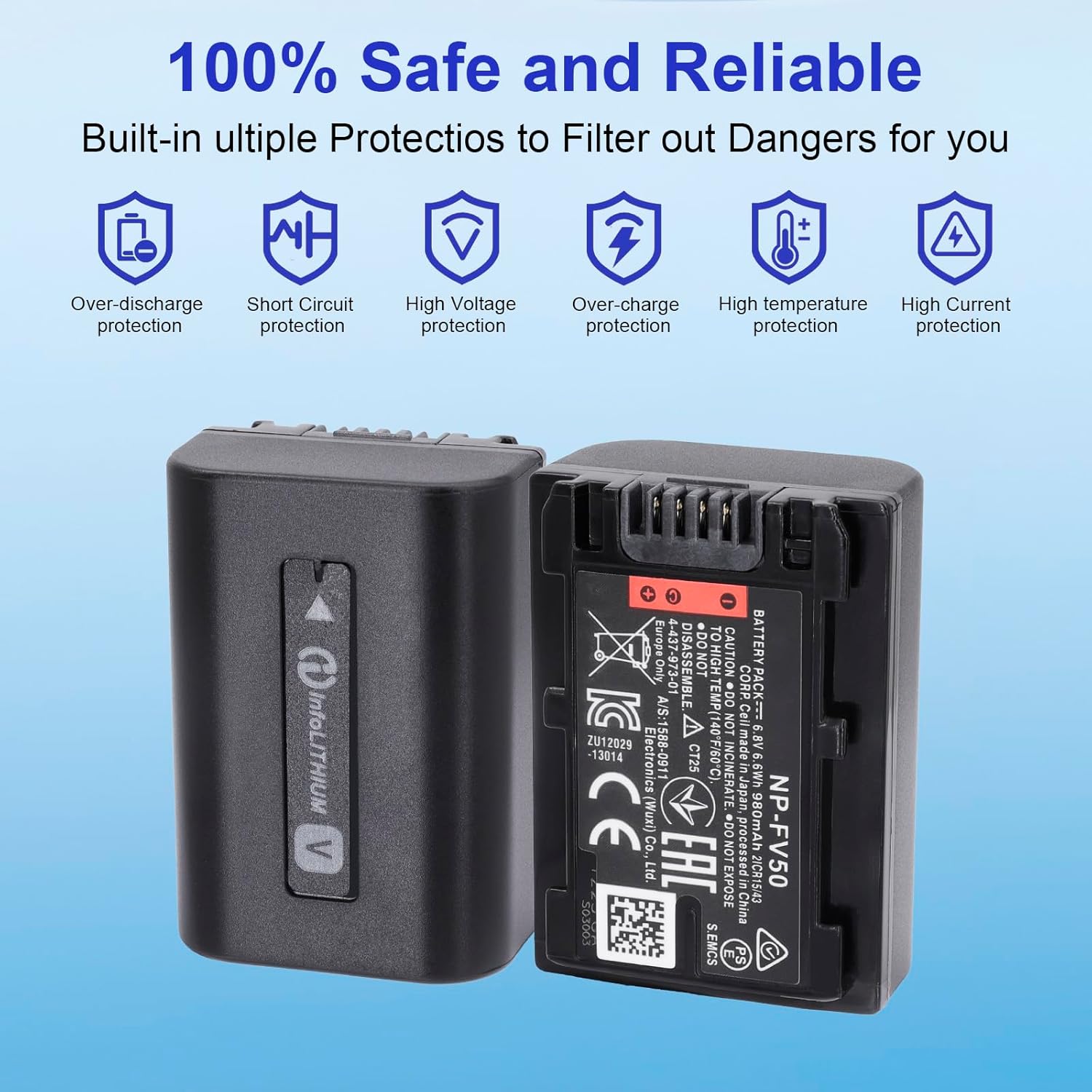 NP-FV50 NP-FV30 NP-FV40 980mAh Replacement Battery Compatible for Sony Handycam HDR-CX380 430V 900 580V 760V HDR-PJ540 650V HDR-PV710V 790V 810 HDR-TD30V Cameras (100% Compatible with Original)