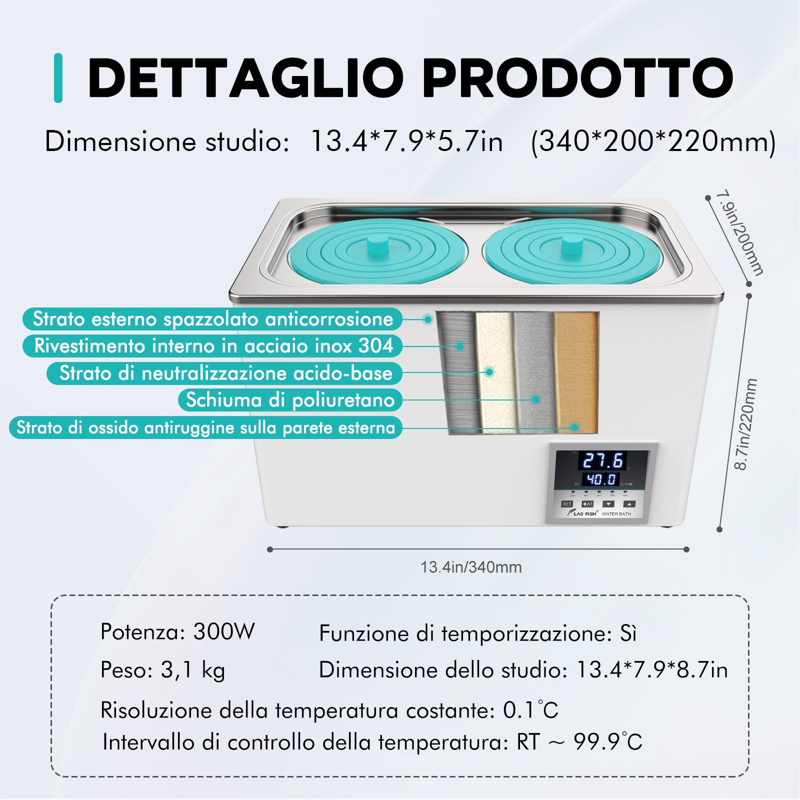 LAB FISH Bagnomaria da Laboratorio Termostatico Bagno d'acqua 6L, 600W - Doppia Apertura, Acciaio Inox - Termostato di Precisione ±0,1°C - Timer 0-999min - Display LED