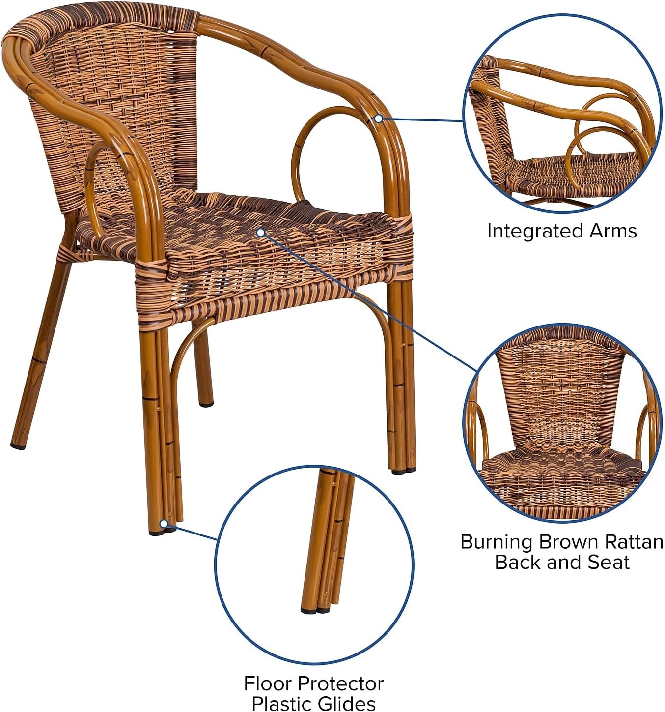 Flash Furniture Cadiz Series Dark Red Bamboo-Aluminum Indoor-Outdoor Restaurant-Patio Chair with Burning Brown Rattan