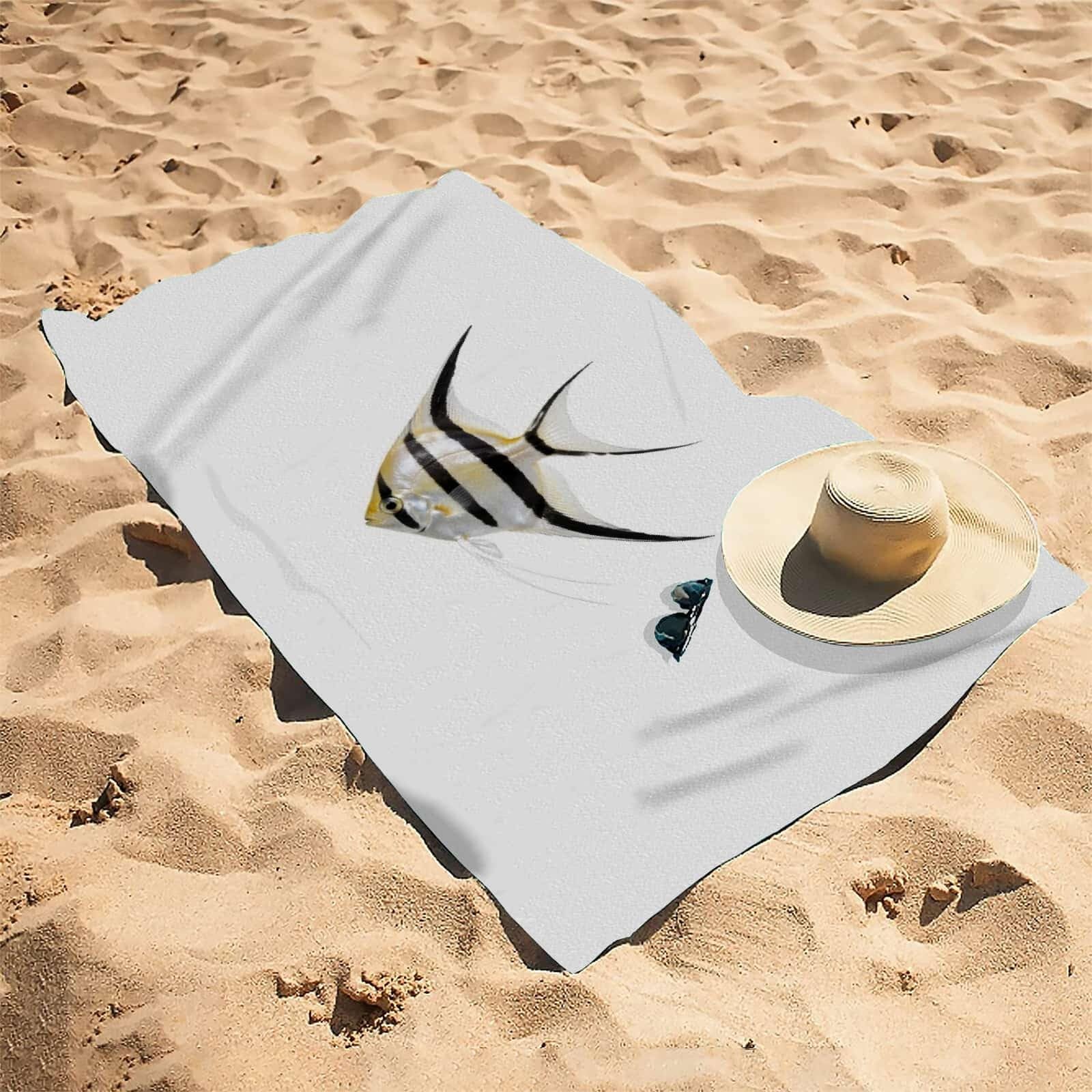 Ręcznik plażowy 200 x 200 czarno-żółty w paski, ryby, duży ręcznik plażowy z mikrofibry, szybkoschnący, ultra lekki, bez piasku, ręcznik plażowy
