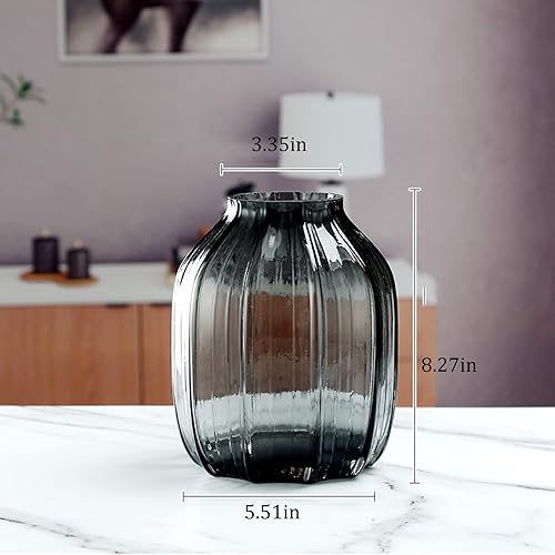 Miniatura 3 de Jarrón de cristal negro para flores, jarrones de vidrio altos de brote gris, H-8.26 pulgadas, diseño simple a rayas para decoración de piso del