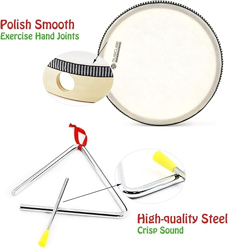 Miniatura 3 de MUSICUBE Juego de 7 piezas de instrumentos musicales para niños, instrumentos de percusión de madera con tambor de mano, maracas, triángulos,