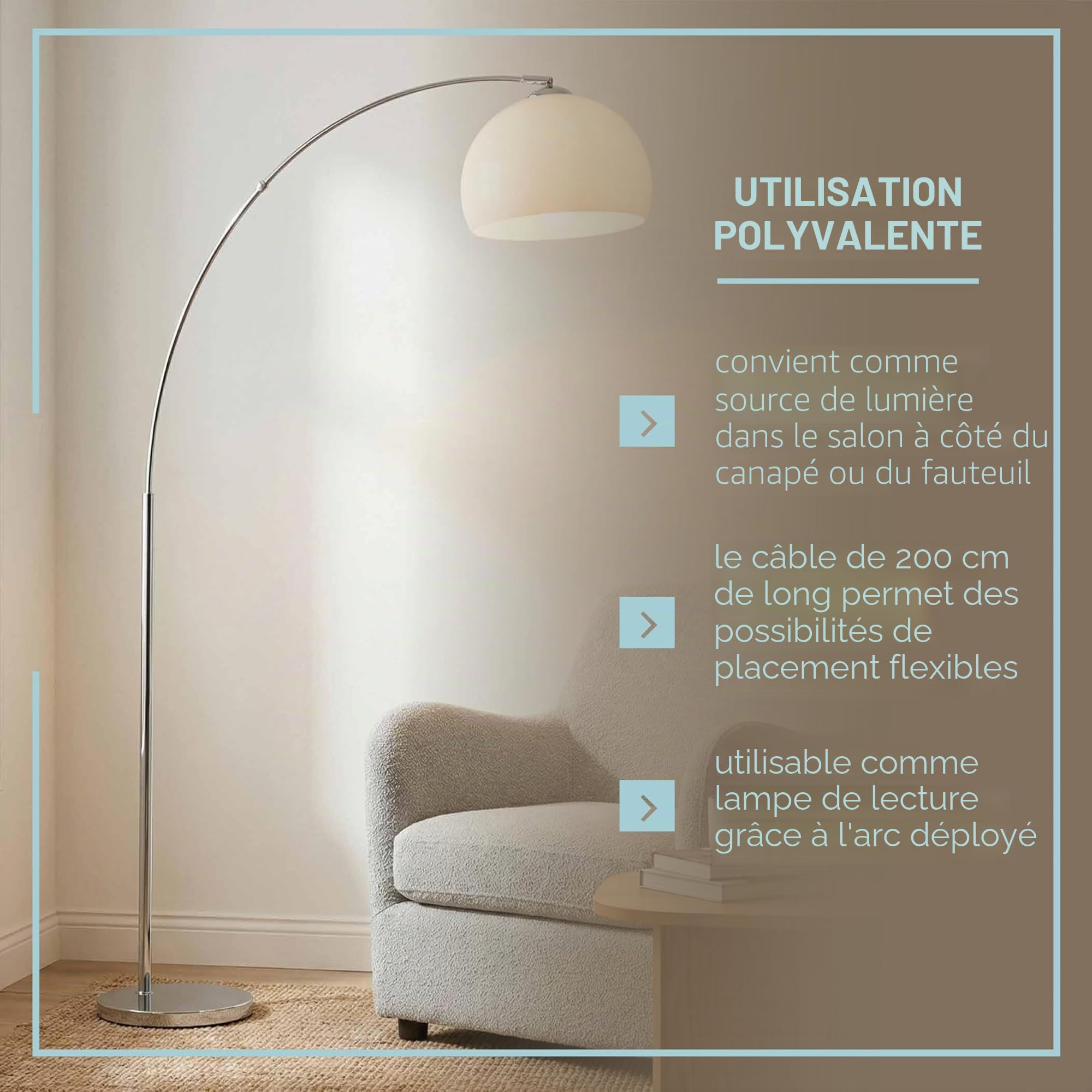 Lightbox Bogenlampe 166 cm, Chrom & Weiß, schwenkbare Lampe