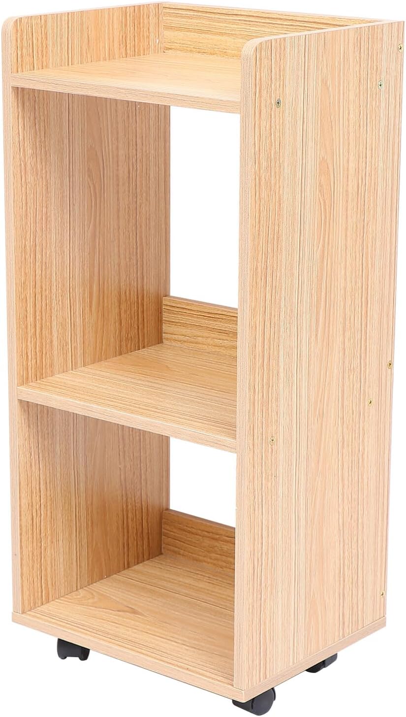Uonlytech Wooden Floor Storage Rack with Swivel Wheels 30x24x66cm Natural Rubber Wood Mobile Storage Shelf for Home Organization and Office Use
