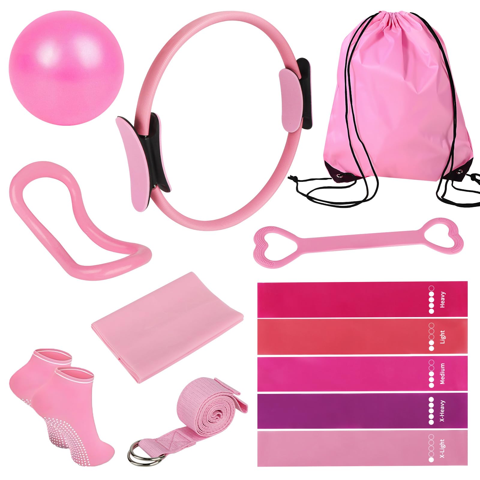 Pilates Set, 13 Teiliges Pilates Essential Kit für Frauen, Pilates Zubehör Set mit Pilates Ring, Yoga Ball, Fitnessbänder, Grip Socken, Pilates Set für Zuhause Bauch Beine Po Studio-Workout