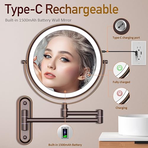 Miniatura 2 de Rocollos Espejo de maquillaje recargable iluminado para montar en la pared con 3 luces de color, pantalla táctil regulable, LED de 8 pulgadas de