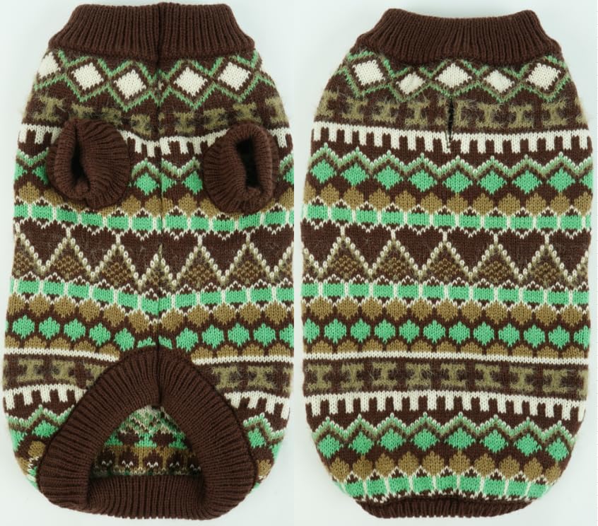 Hjumarayan Boho Dog Jumper - Winter Sweater for Small Medium Large Dogs, Thick Warm Knitted Dog Clothes with Harness Hole, Stretch Fit for Cold Weather Walks, Brown Green S
