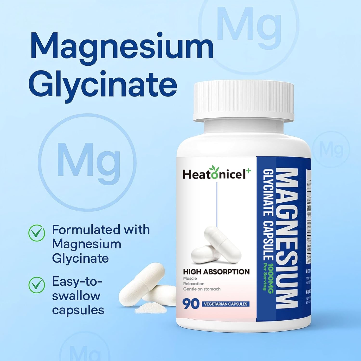 Magnesium Glycinate 400mg Capsules Chelated Gentle Supplement for Stress Relief, Heart & Muscle Support Non-GMO & Gluten Free 90-Capsules