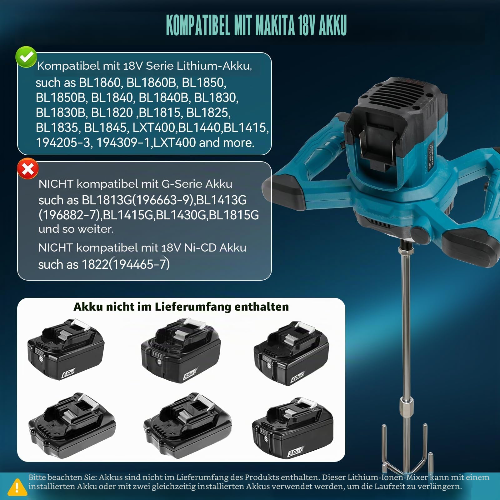 Kabelloser Zementmischer für Makita 18V Akku, Bürstenloser Paddelmischer, 6 Geschwindigkeitsstufen Lackmörtelmischer, Max 680 U/min, Elektrischer Betonrührer zum Mischen von Futtermörtel