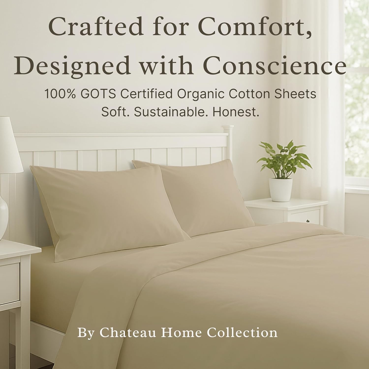 100% Organic Cotton Bed Sheets Queen Size, GOTS Certified Sateen Weave Breathable Queen Sheets Deep Pocket upto 17", Machine Washable No Pill Fade & Shrink Resistant, Naturally Cool Sustainable- Tan