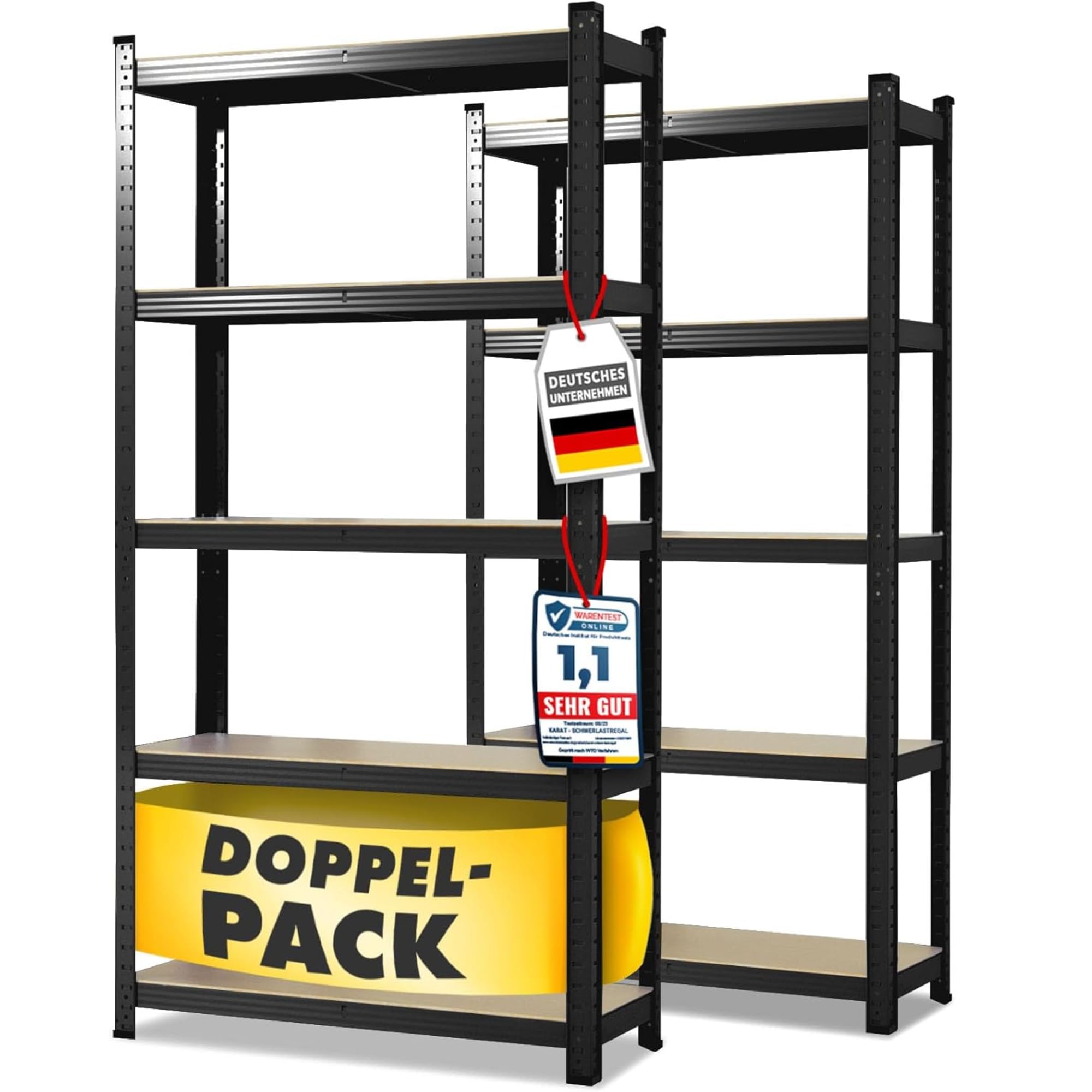 OfficeMarshal Doppelpack Schwerlastregale schwarz, 150 x 75 x 30 cm | Steckregal, Lagerregal, Standregal, Stecksystem ohne Werkzeug montierbar (Lakota)