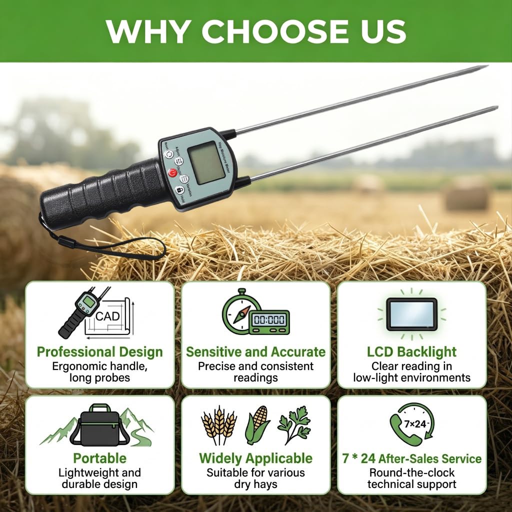 TK100H Hay Moisture Tester Handheld Hay Bale Moisture Meter Tool | 0.5% High Precision Moisture Probe with Backlit Large Screen, Hay Tester Probe for Froage, Alfalfa Orchard Grass, Bales