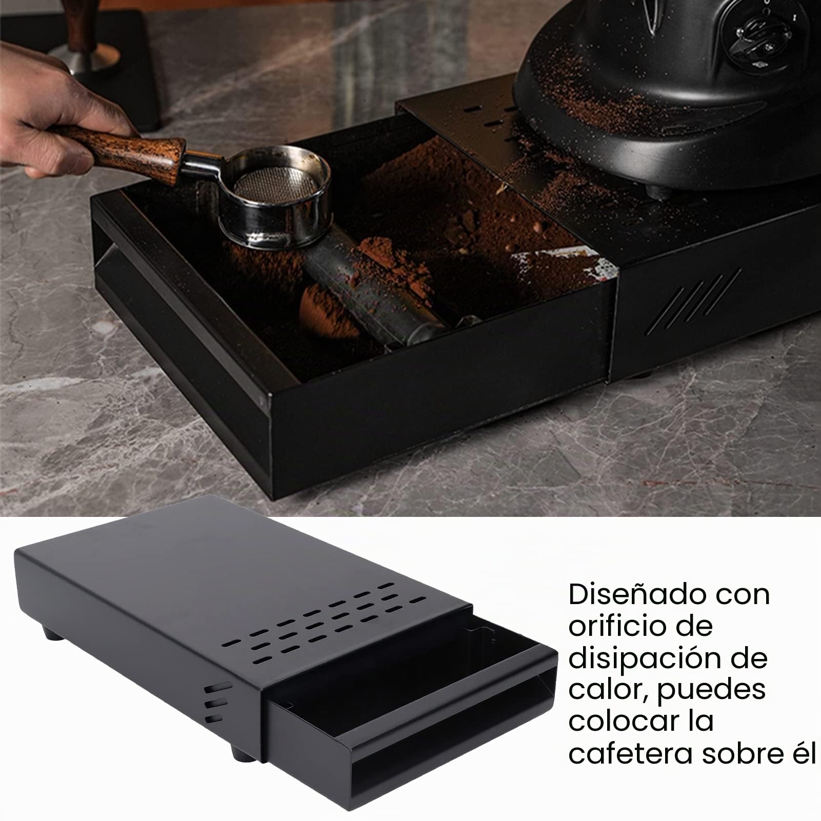 Caja de Café con Palo de Golpe, Caja de desecho de Café de Acero Inoxidable Tipo Cajón, Accesorios para Máquina de Espresso (7,1 x 11 x 2 Pulgadas)(Negro)