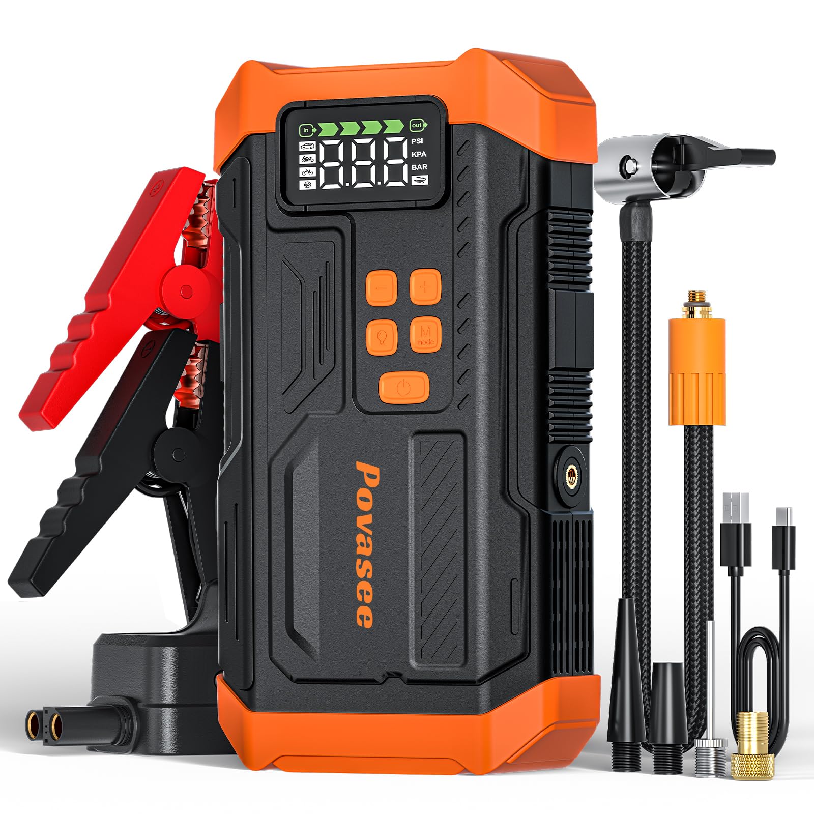 5000A Jump Starter with Air Compressor,Car Jumper Starter Portable with 150PSI Tire Inflator 12V Jump Box (Up 9L Gas/8L Diesel Engine with LCD Display,Flashlight,Storage Case（Orange