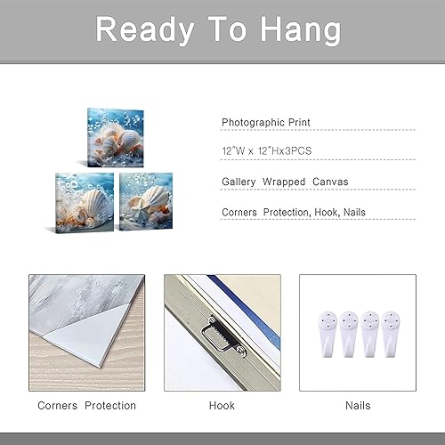 Miniatura 4 de Canvbay 3 piezas de arte de pared de conchas marinas, impresiones en lienzo con temática de playa azul, cuadros de pintura costera, conchas marinas