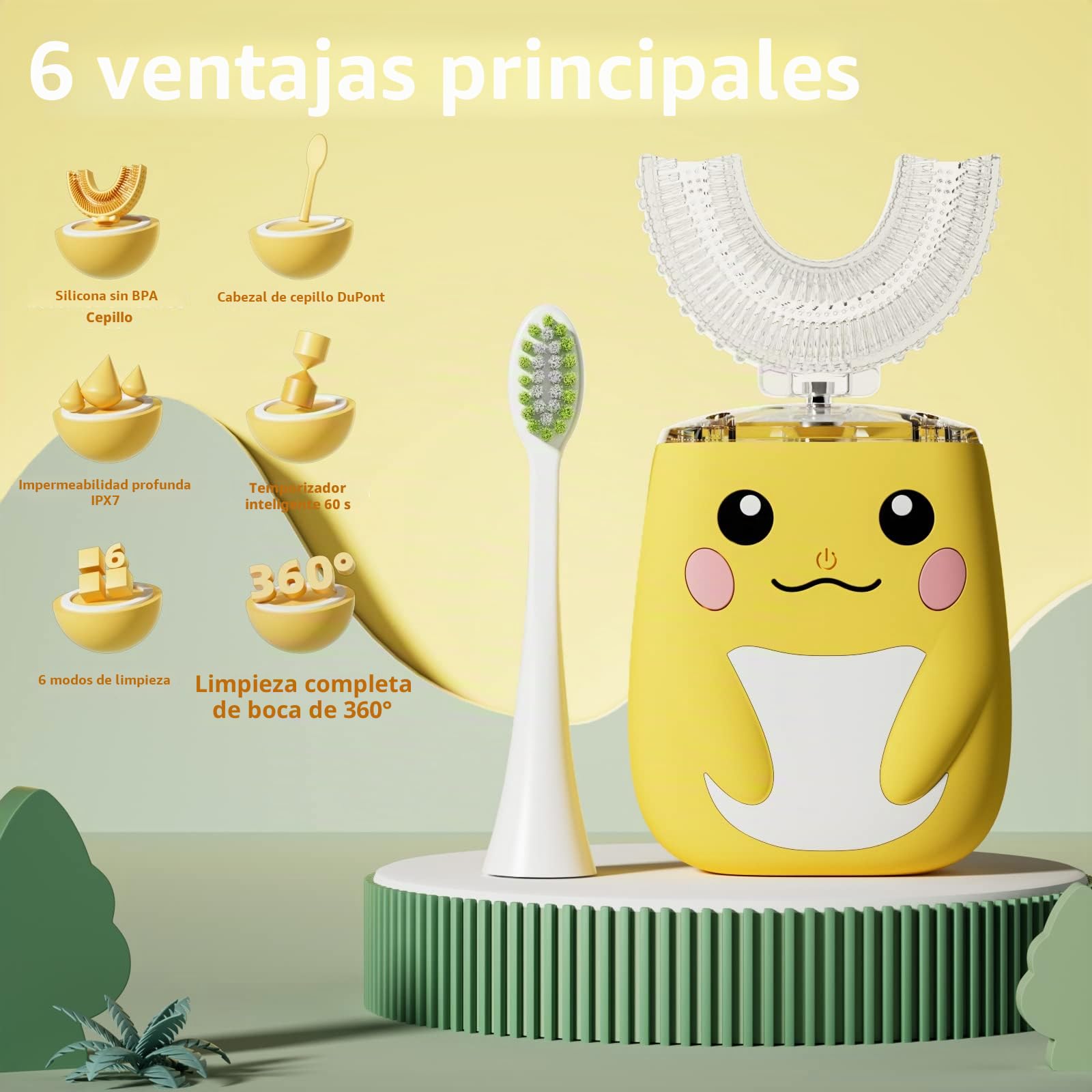 Cepillo de dientes eléctrico en forma de U para niños con 4 cabezales de cepillo, diseño de dibujos animados, cepillo de dientes sónico automático para niños de 8 a 15 años