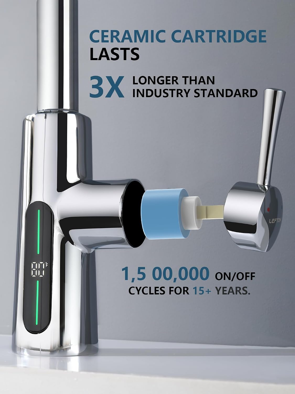 Lefton Pull-Down Kitchen Faucet with Temperature Display in Fahrenheit, 3 Water Outlet Modes, Faucet for Kitchen Sink, Chrome, KF2501-1