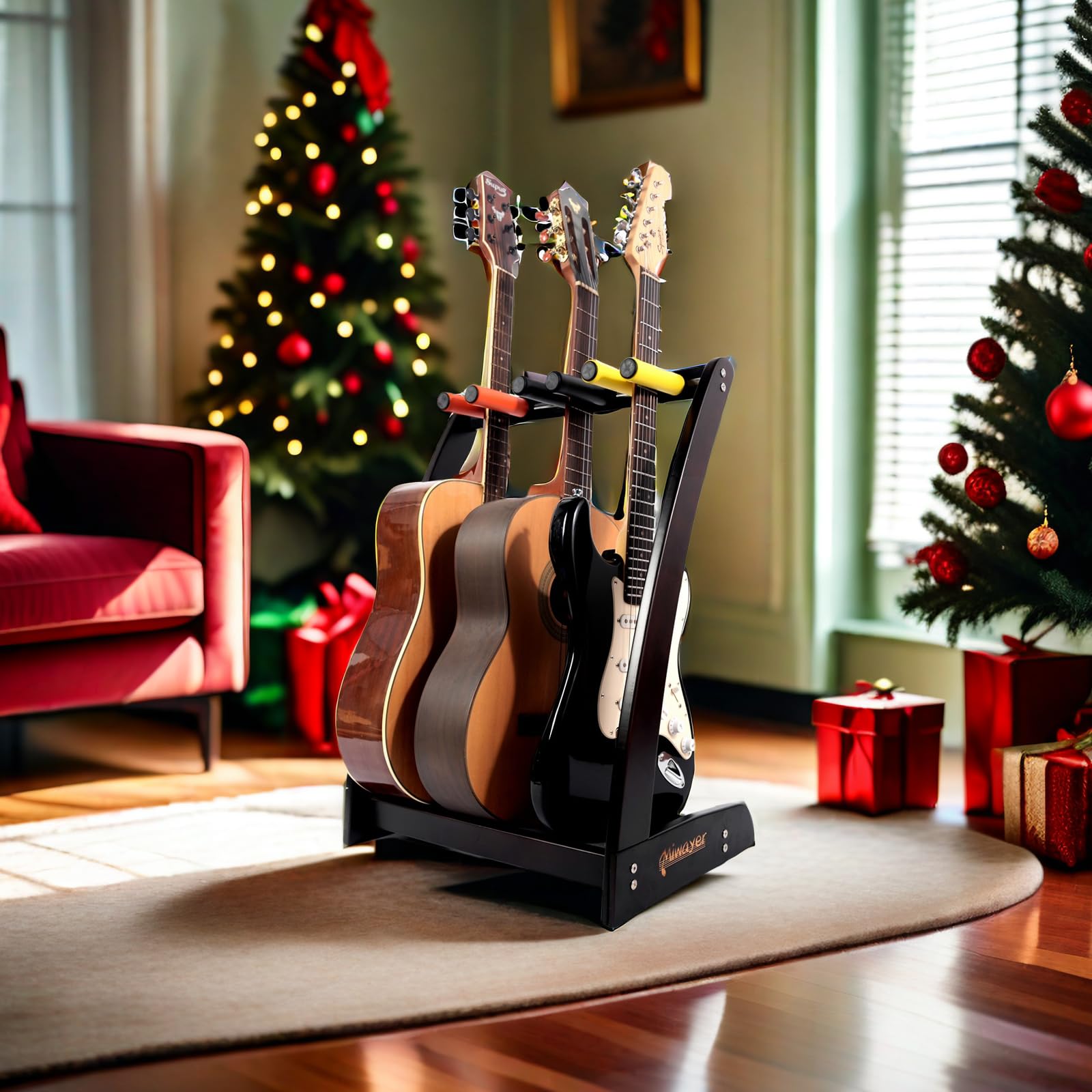 Miwayer Gitarrenständer für mehrere Gitarren (3 Gitarren, 5 elektrische oder Bass), Gitarrenständer aus Holz für Akustik-, Elektro-, Bassgitarren und Koffer, Boden-Bambus-Gitarrenständer (5
