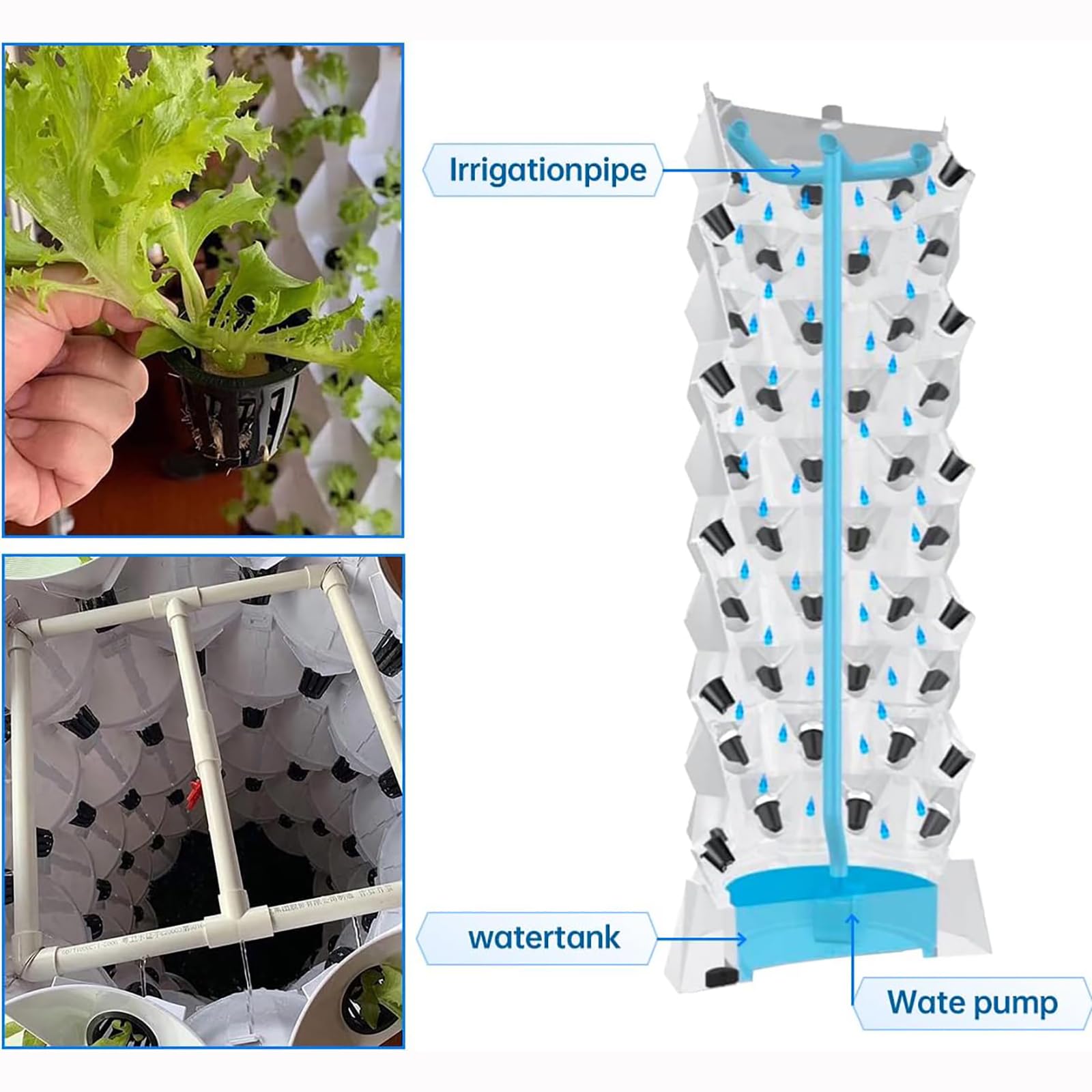 Torre idroponica con sistema aeroponico automatizzato, include tazza di stoccaggio dell'acqua, gabbia per piantare e tubi per la coltivazione di fiori, verdure e frutta