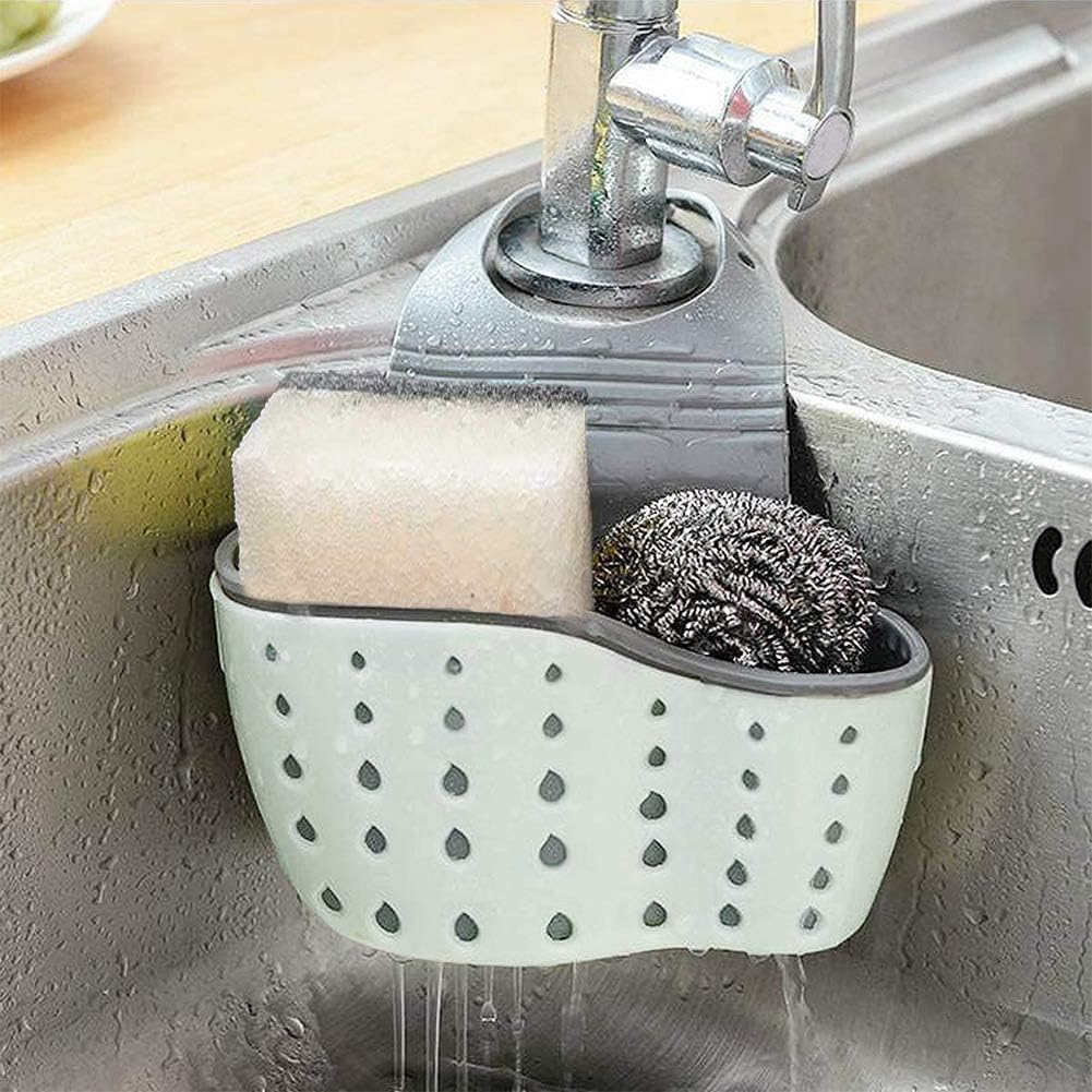 Mumoo Bear Kitchen Sink Caddy Sponge Holder Silicone Plastic Soap Holder Hanging Ajustable Strap Faucet Caddy with Drain Holes for Drying