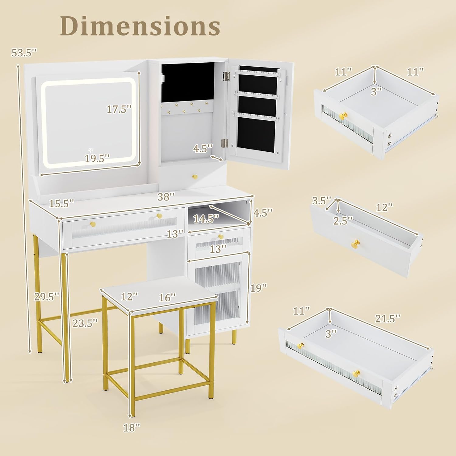 LOKO Vanity Set with Mirror & Lights, Dressing Table and Chair Set with 3 Lighting Modes & Adjustable Brightness, Jewelry Cabinet, 2 Fluted Glass Drawers & 1 Ordinary Drawer, for Bedroom