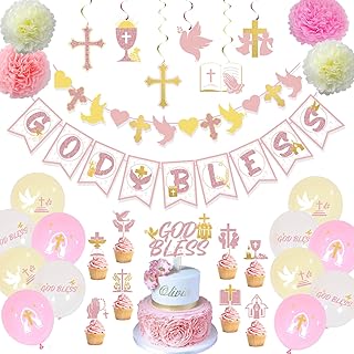 Chilfamy Baptism Decorations for Girls, First Communion Decorations with Pink Gold God Bless Banner, Cross Doves Garland, Hanging Swirls, Cake Toppers, Balloons for Baby Girls Women Wedding Decors