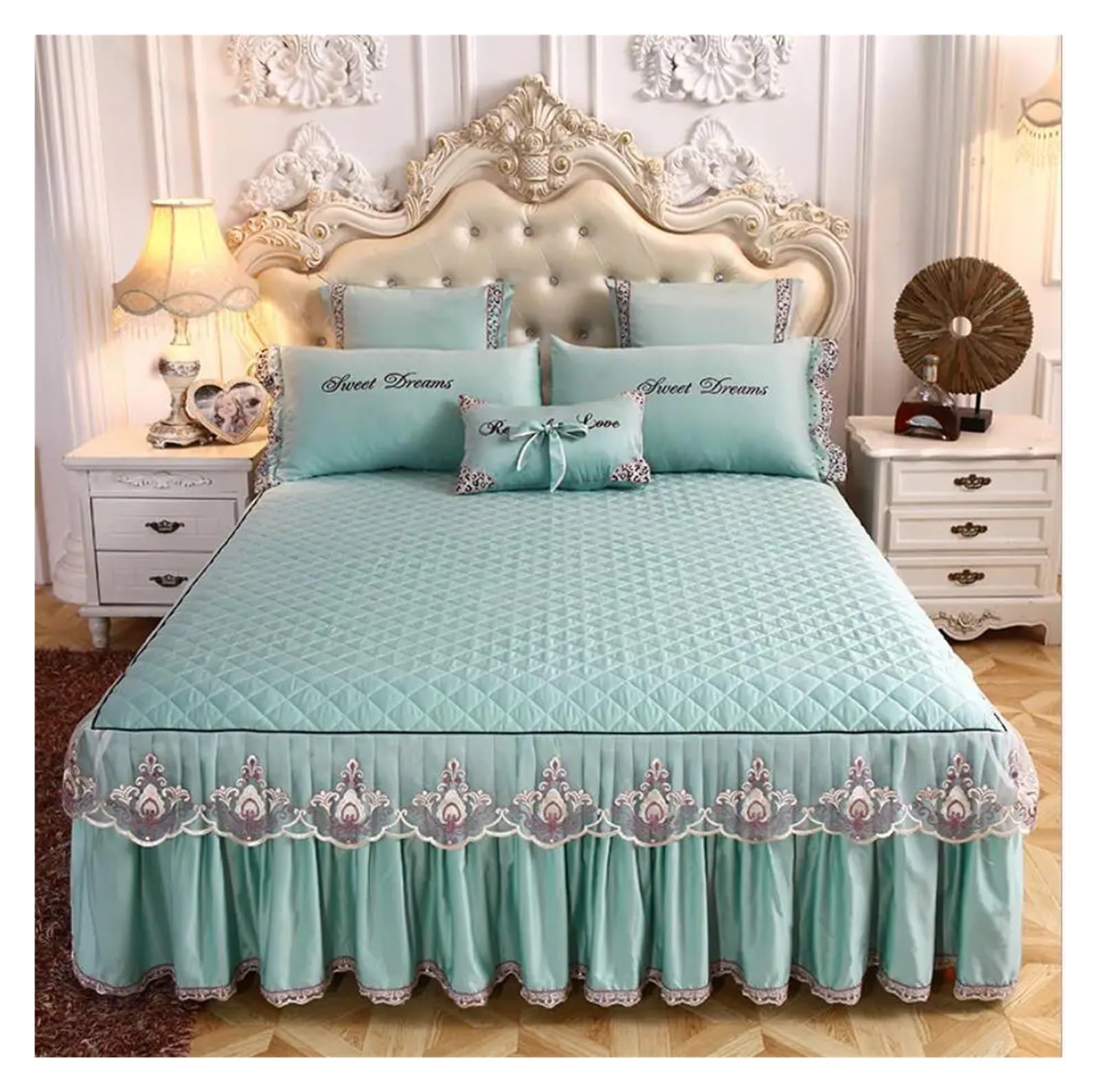 Lace Embroidered Bedding Bed Skirt With Cotton Quilted Bedspread On The Bed Solid Color Mattress Cover Sheet Pillowcase(Green A,3pcs design 180x220)