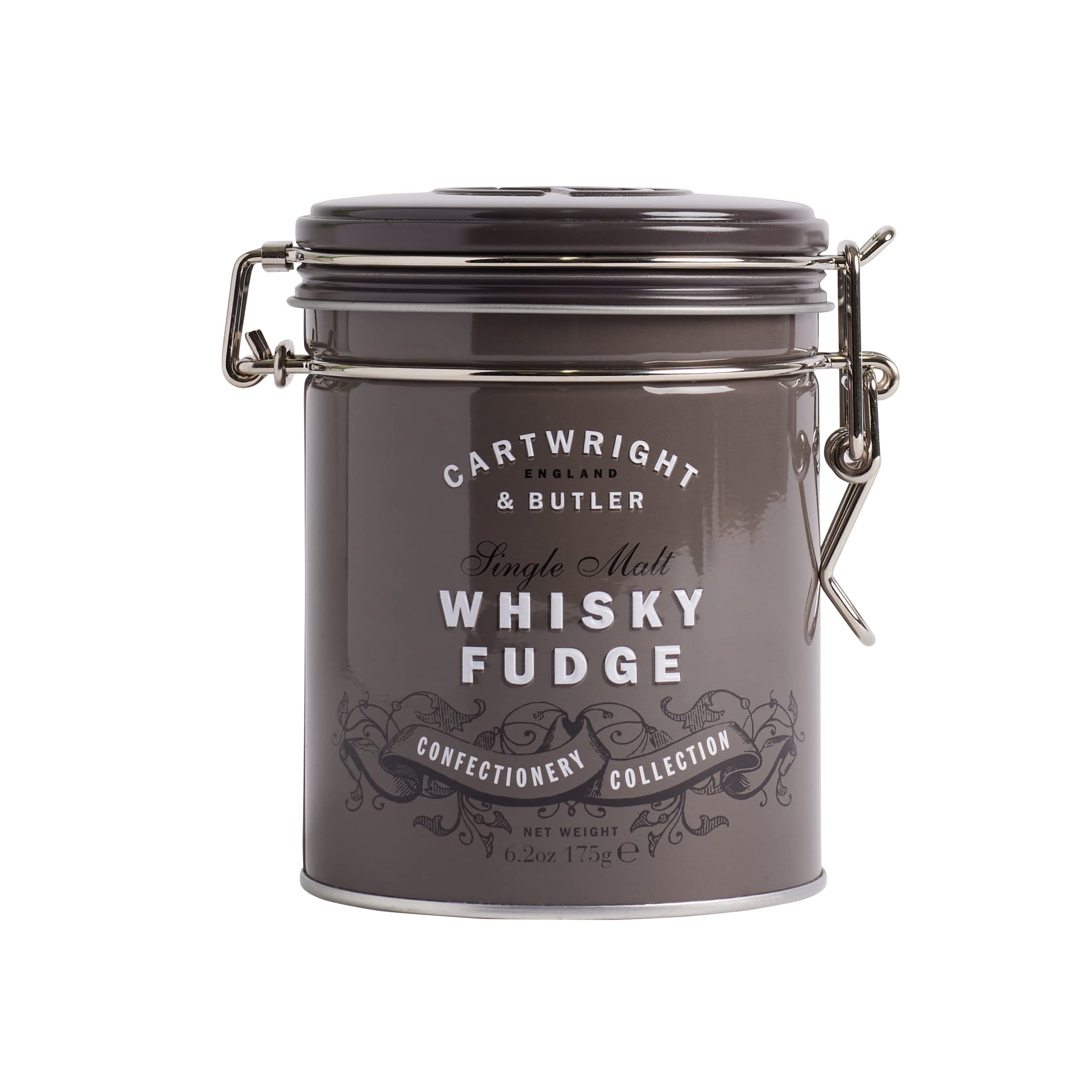Cartwright & Butler Whisky Fudge in Tin, 175g Malt Whisky Fudge, Deliciously Creamy Real Butter Fudge to a Traditional Scottish Recipe, Reusable Signature Clip-Top Fudge Tin, Gluten Free