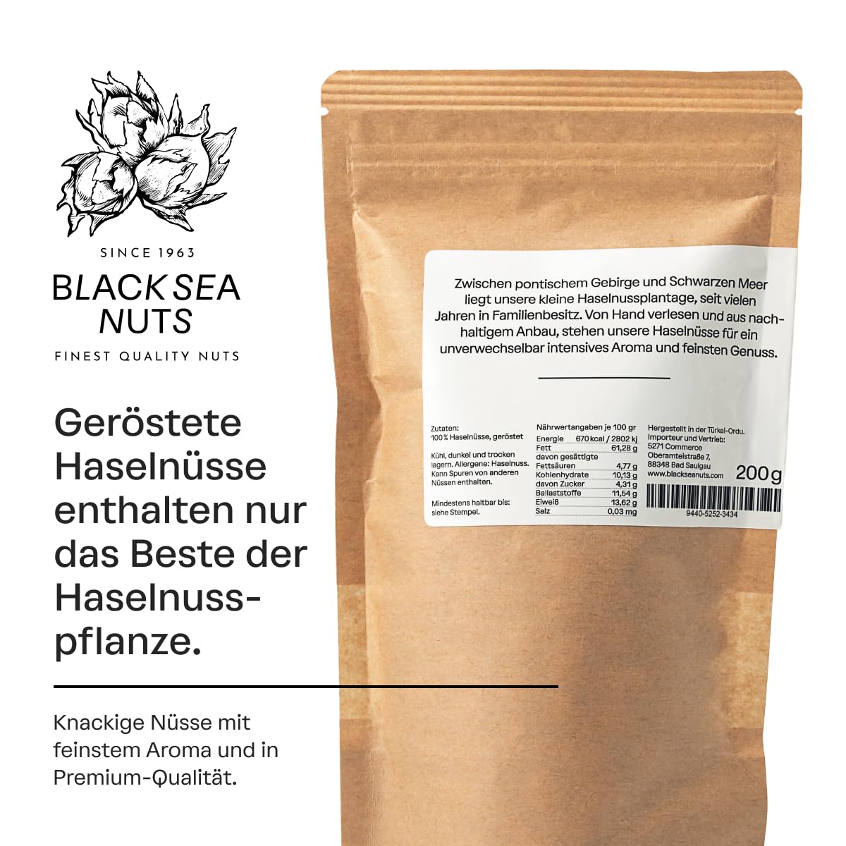 Black Sea Nuts – Geröstete Haselnüsse 200 g | Aromatische Nüsse vom Schwarzen Meer in Premium Qualität | Ganze Haselnusskerne ohne Schale | Für gesunde Snacks & zum Backen | Traditionell & Nachhaltig
