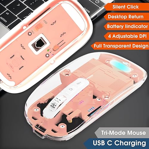 Miniatura 2 de Mouse inalámbrico transparente para computadora, mouse Bluetooth recargable, pantalla de alimentación, DPI, acceso directo, Bluetooth trimodo