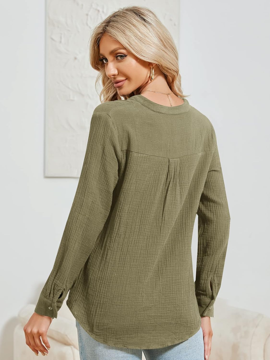 Womens 100% Cotton Tunic Long Sleeve V Neck Gauze Shirt Casual Work Lounge Blouse Tops - Image 4