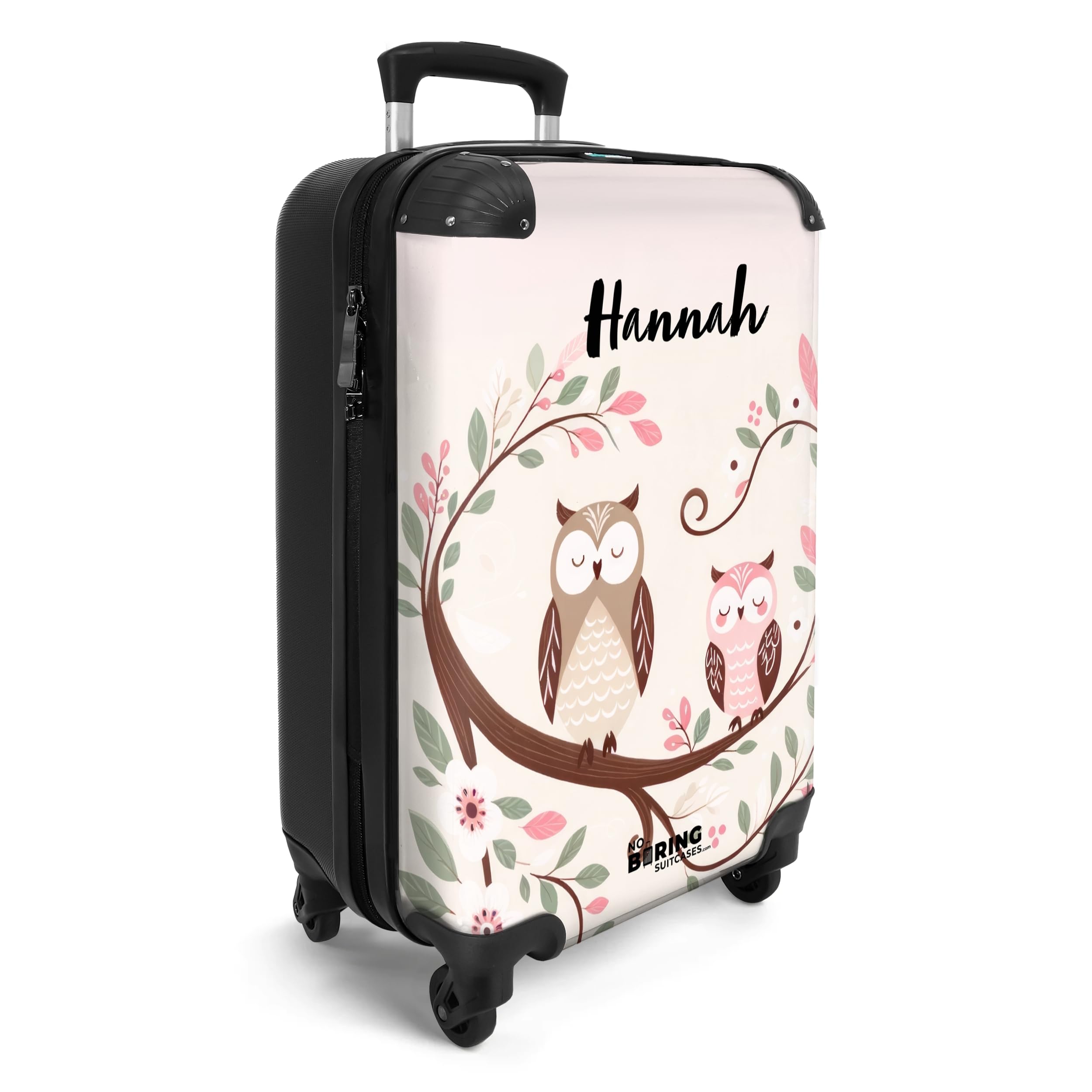 NoBoringSuitcases.com Valise Cabine Enfant Fille - Bagages à Roulette Personnalisable, 55x35x25cm (Hiboux - Pastel)