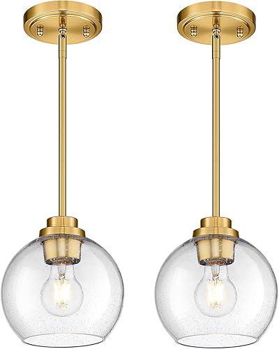 Miniatura 19 de Luces Colgantes de Latón para Isla de Cocina Paquete de 2, Luz Colgante Dorada Estilo Granja con Pantalla de Globo de Vidrio Transparente, Globo de