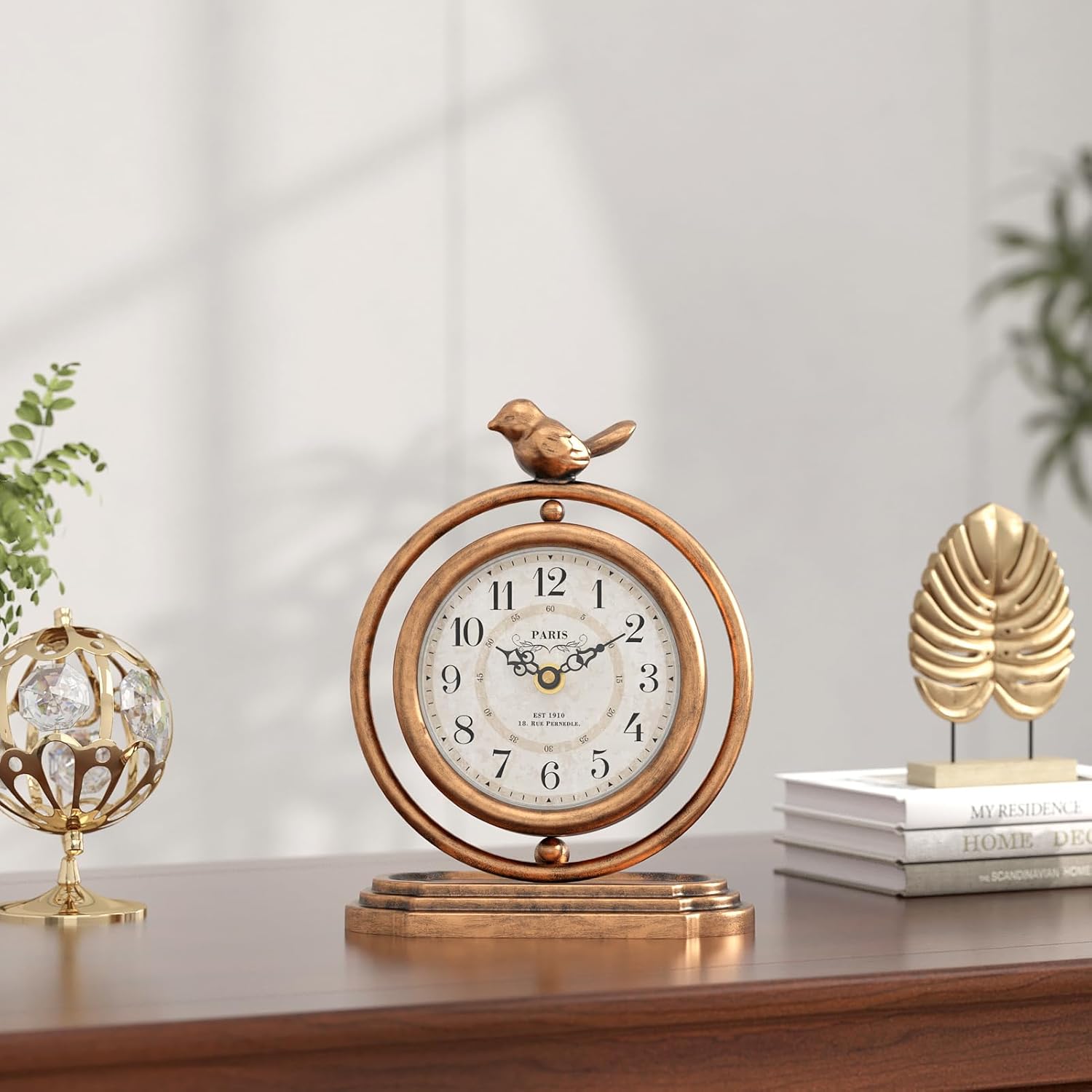 Gold Vintage Table Clock with Bird, European Retro Style Mantel Clocks, Desk and Shelf Decor Clock, for Living Room, Farmhouse, Bedside, Bedroom, Gift (7.9 H x 6.3 W)