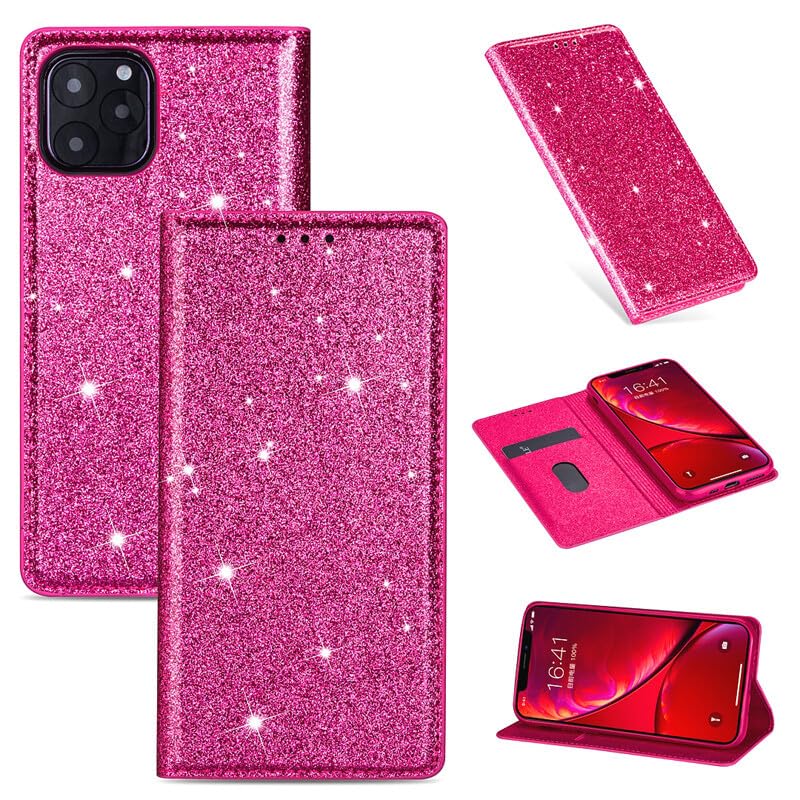 Étui cuir iPhone 15 Pro rose rouge pailleté rabat magnétique et porte-cartes