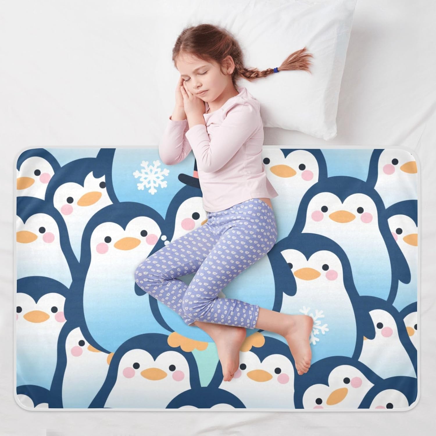 Cartoon Cute Penguin Blue Extra Large Resuable Toddler Mattress Pads Waterproof Washable Toddler Bed Pee Pads Skin-Friendly Toddler Bedding Products for Baby Toddler Children , 52" L x 34" W