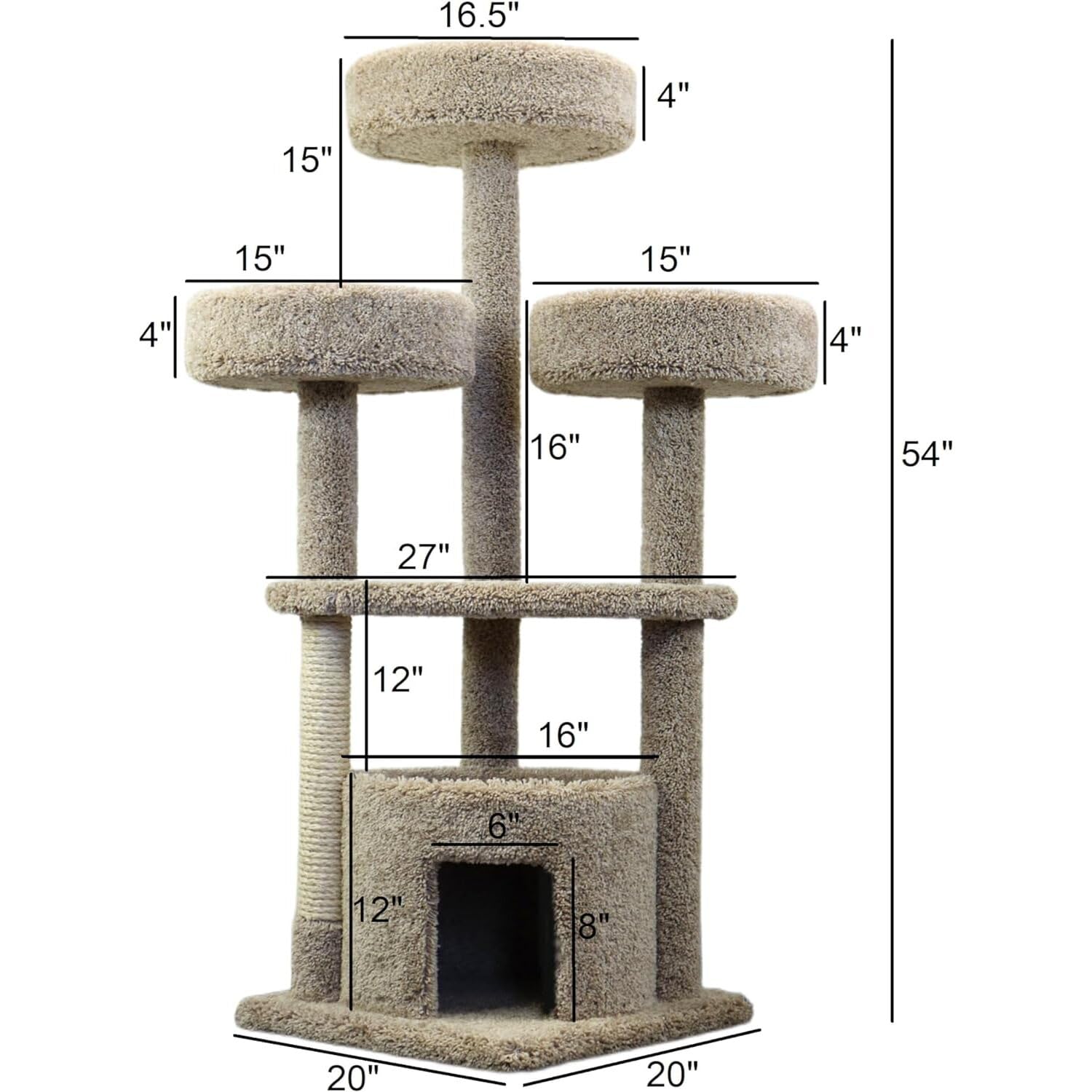 Maykoosh Artisanal Artistry Cat Penthouse, Ideal for Large Cats and Multiple Cats, Large Cat Tree with Sturdy Base, Staggered Perches and Scratch Post Beige/29 L x 34