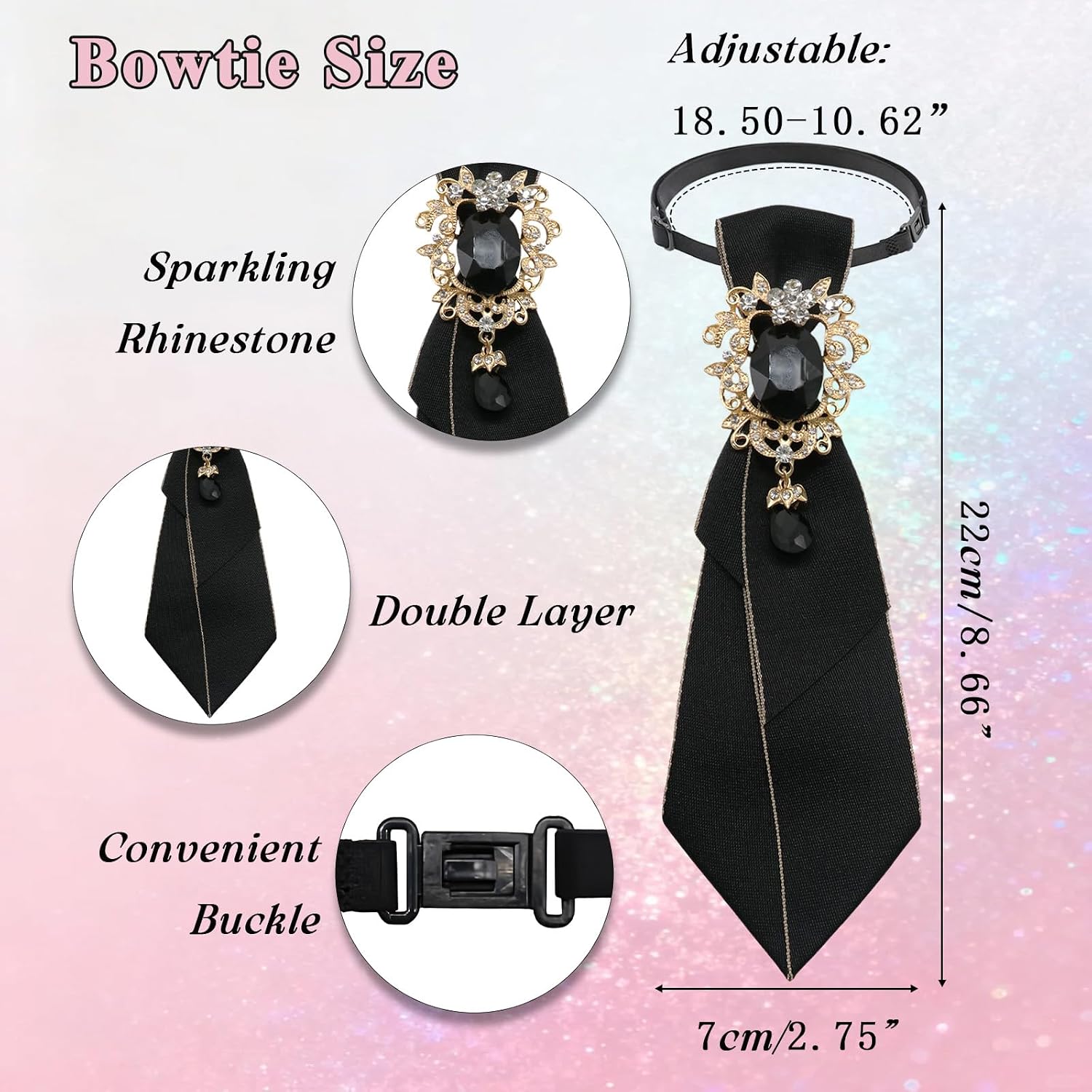 Rhinestone Bow Tie for Women, Pre-tied Sparkly Womens Tie Girls Short Necktie for School Uniform Party Cosplay Daily