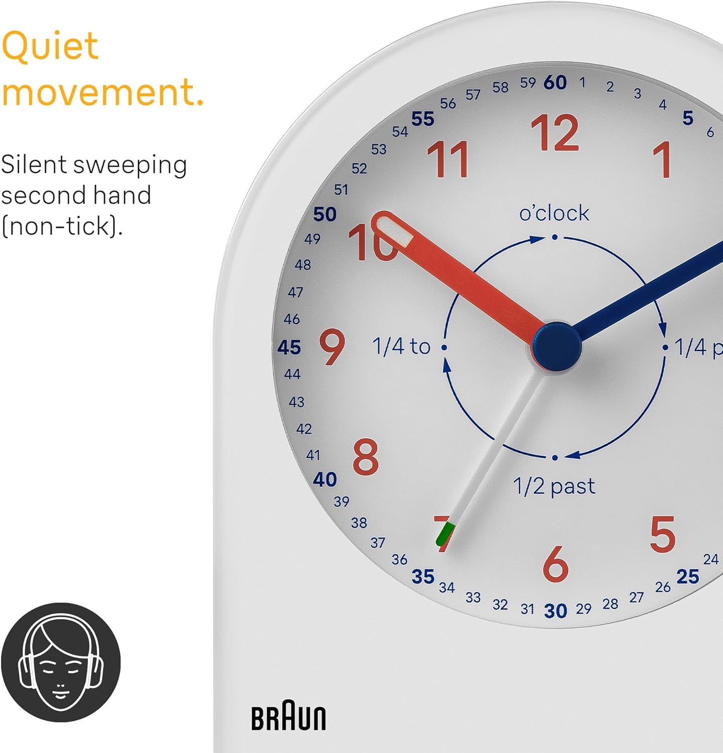 Braun Analogue Time Teacher Alarm Clock with Snooze and Continuous Backlight, Quiet Quartz Movement, Easy to Read Dial, Crescendo Beep Alarm in White, Model BC22TW.