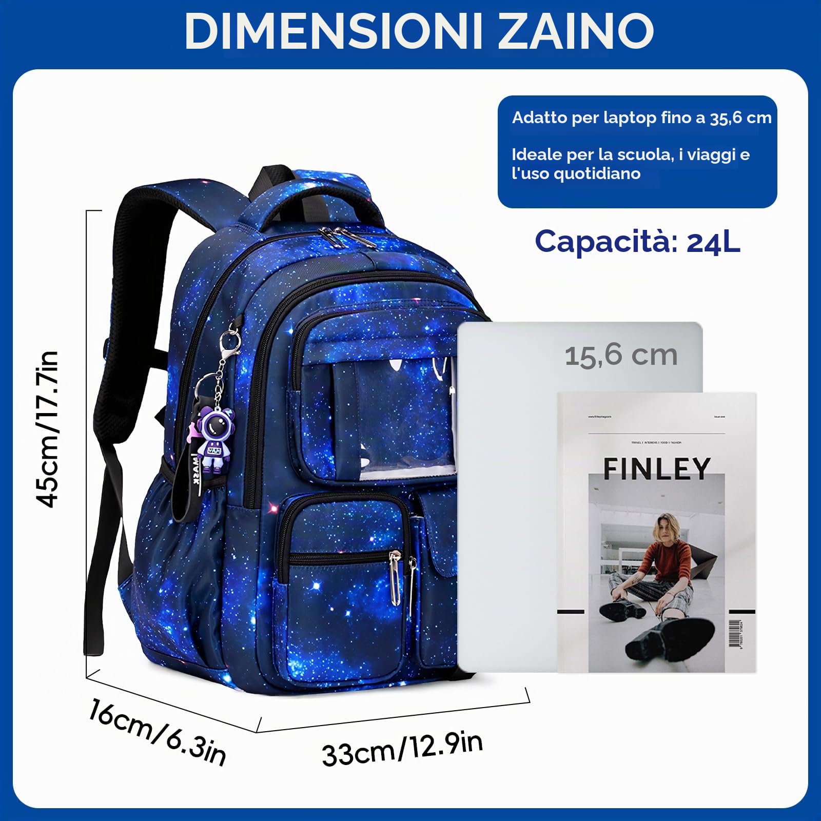 Amythe Zaino Scuola Elementare Bambino Traspirante, 7-12 anni | Zaini per Bambini dalla Prima alla Quinta Elementari, Zaino Ragazzo in Nylon Impermeabile con Ciondolo Astronauta, Blu Navy