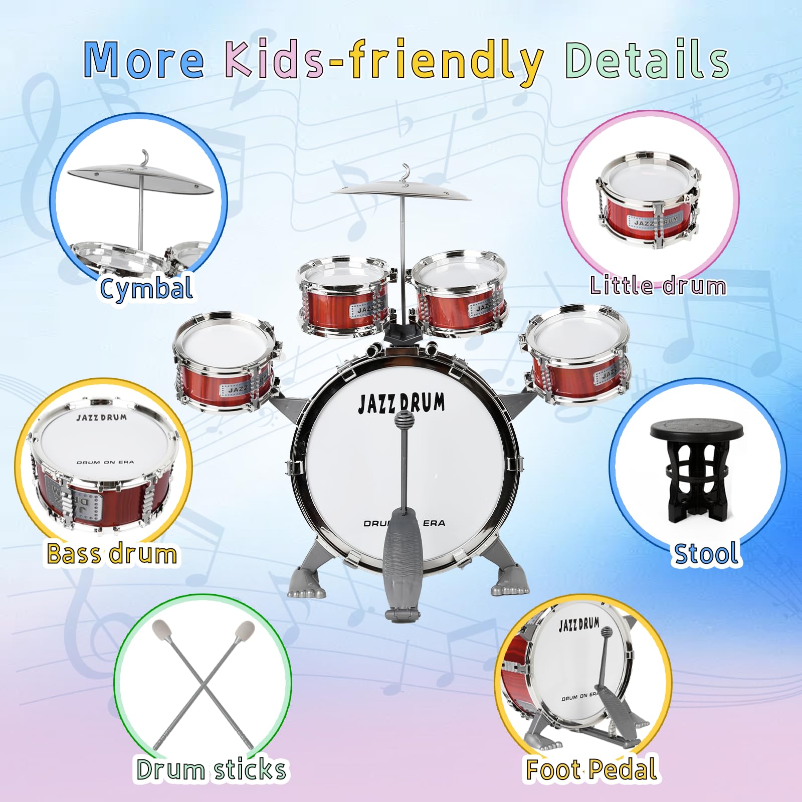 m zimoon Kit Batteria Jazz Per Bambini, 5 Tamburi Con Sgabello Pedale E Bacchette Per Principianti Strumento Musicale Percussione Giocattolo Vacanze Compleanno Regalo Educativo Per Ragazzi E Ragazze