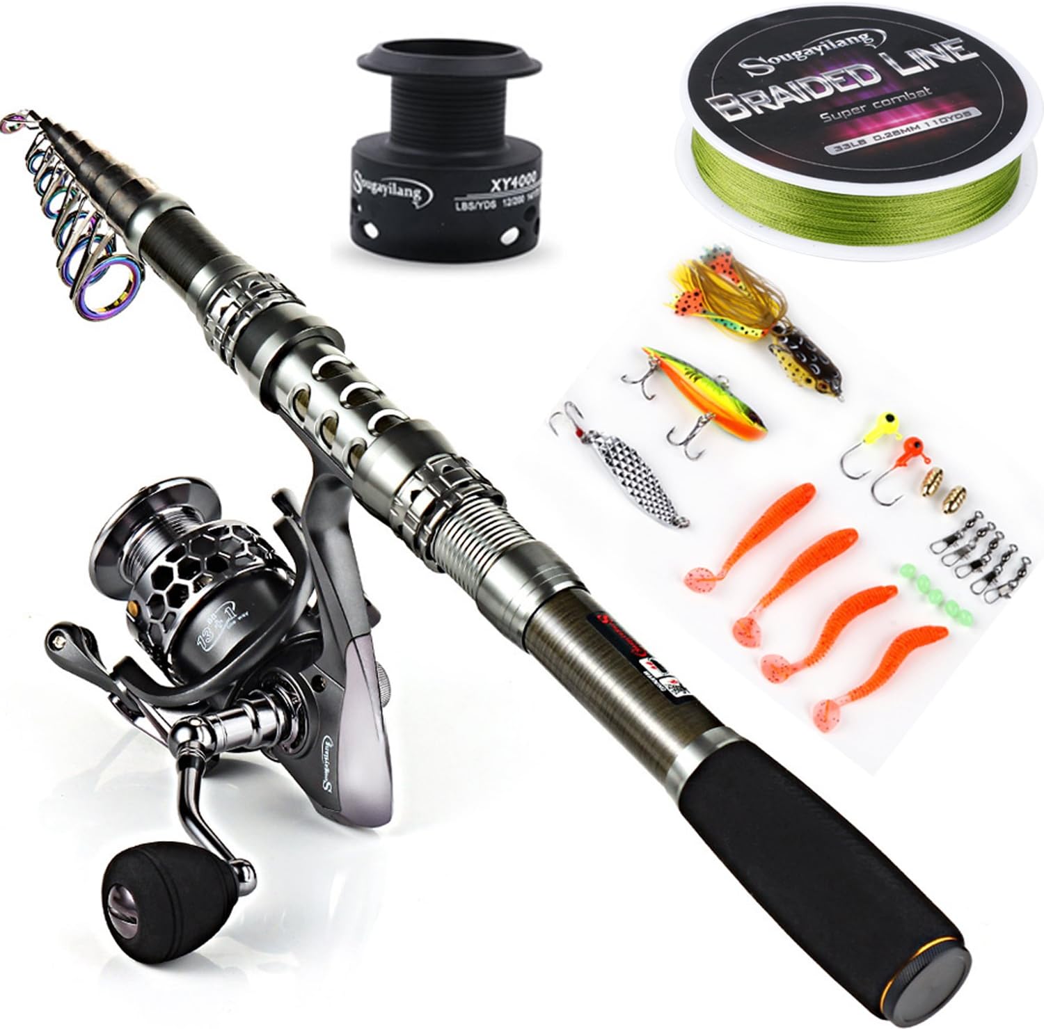 Sougayilang Telescopic Fishing Rod Reel Combos with Carbon Fiber Fishing Pole Spinning Reels and Fishing Accessories